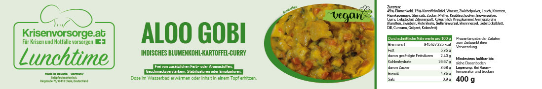 Aloo Gobi - Blumenkohl Curry - vegetarisch - Lunchtime - 400g Dose - Hergestellt in Bayern